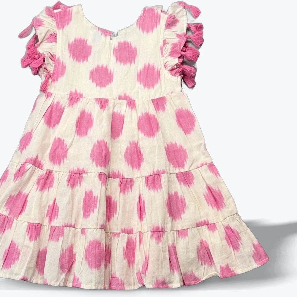 Mer St Barth Girls Dress Pink Ikat Tiered Tassel Ruffle Sleeve Size 2